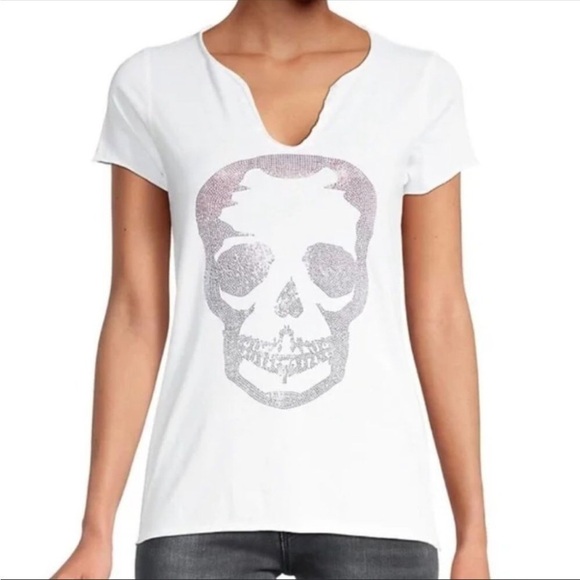 Zadig & Voltaire Tunisian MC Skull Camo Crystal White Tee Medium - Picture 1 of 7